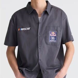 Red Short-Sleeve Gray Work Shirt with NASCAR & Red Bull Patches
